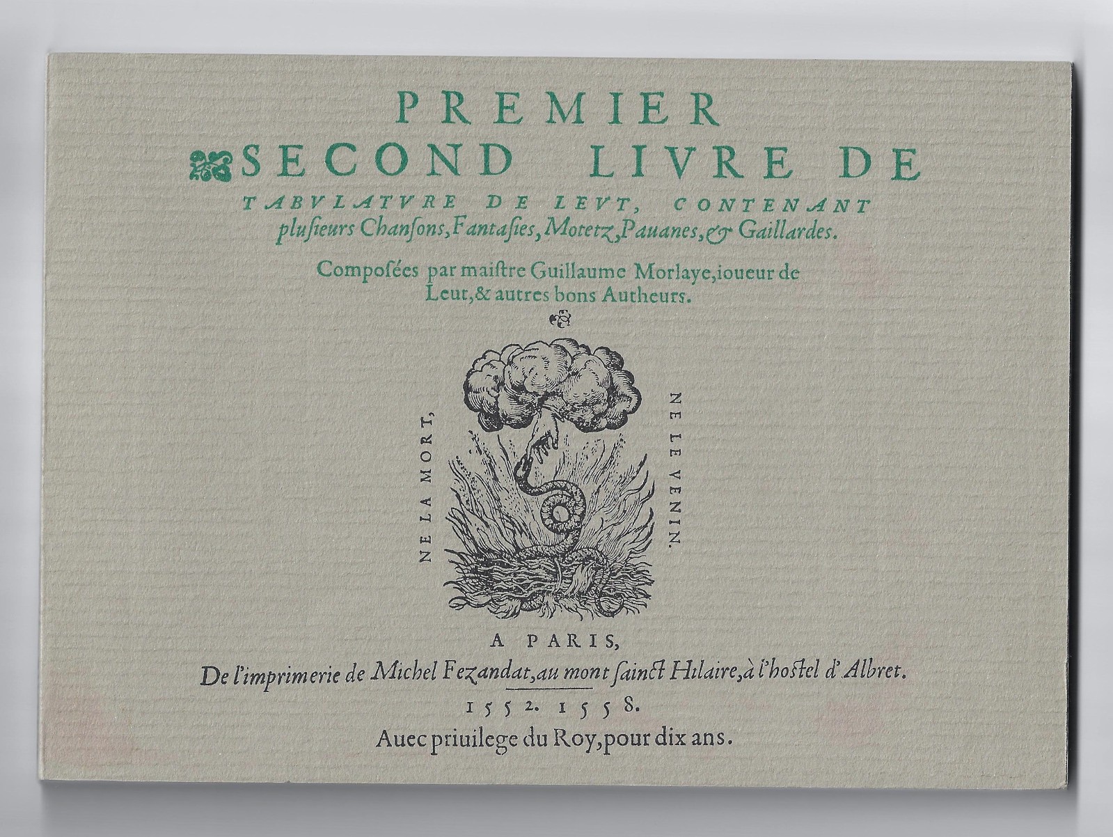 Guillaume Morlaye Premier Lute Tablature 1552 Facsimile Minkoff Renaissance