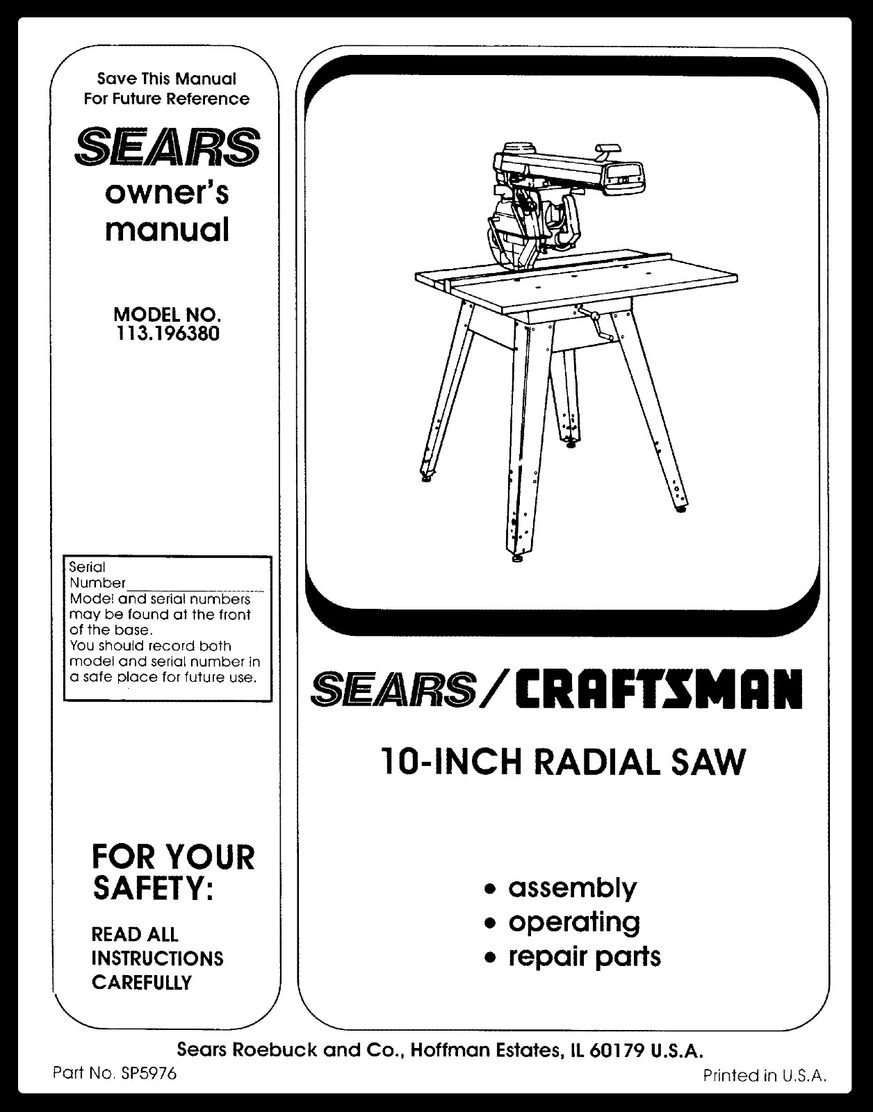 Sears Craftsman 10″ Radial Saw 113.196380 Instruction Manual: 80 Pages