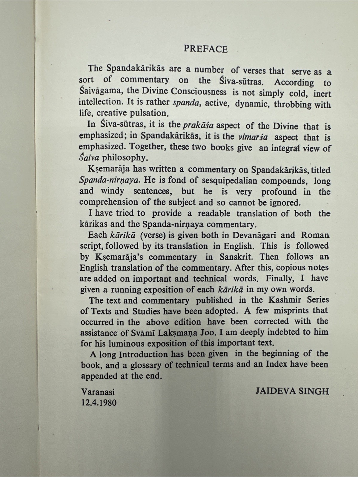 Spanda Karikas by Jaideva Singh Kashmir Shaivism Sanskrit Text & Translation
