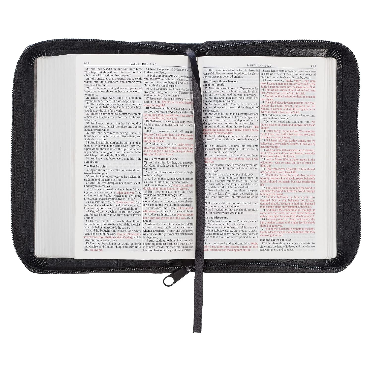 KJV Holy Bible,Mini Pocket Bible–Zippered Black Faux Leather Bible w/Ribbon Ma..