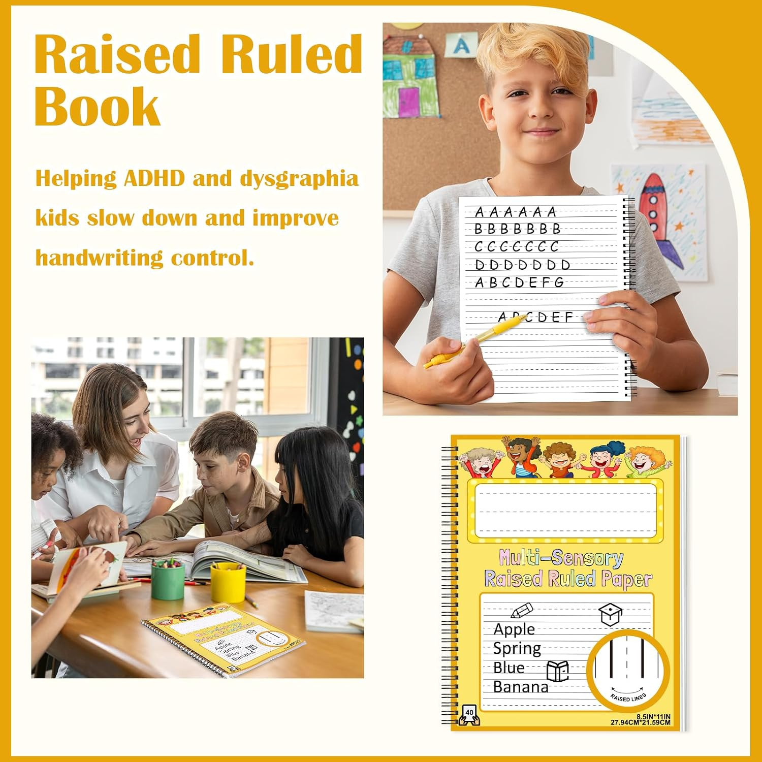 Raised Ruled Handwriting Paper Spiral Bound 8.5X11 Inch Raised Lined Notebook Wr