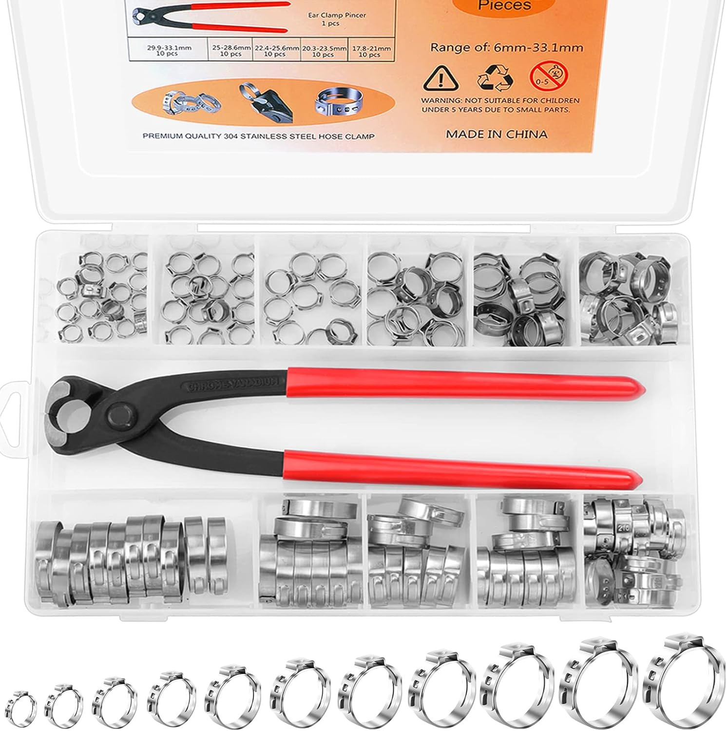 120PCS 11 Sizes 304 Stainless Steel Single Ear Hose Clamps Assortment Kit