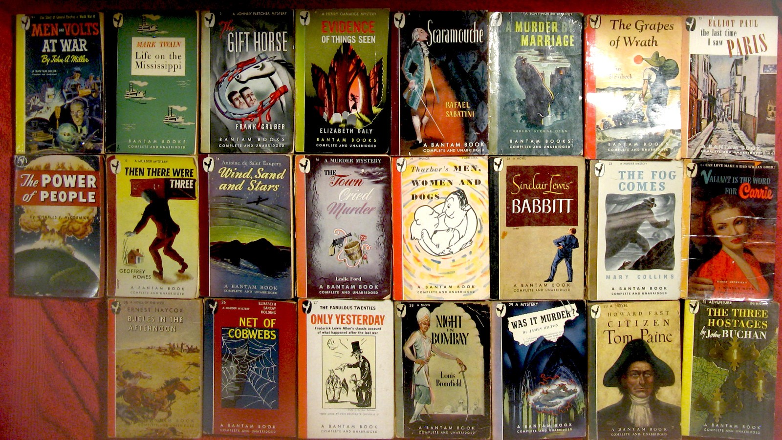 Lot of 23, very earliest BANTAM vintage paperbacks; late 1940s, all below #100