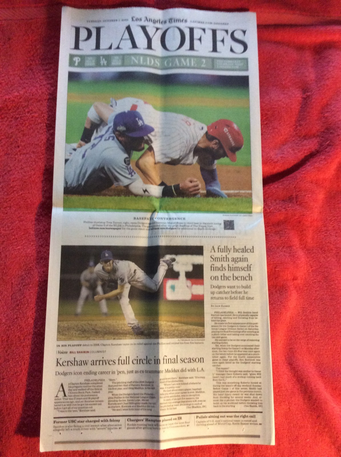 LA TIMES PLAYOFFS OCTOBER 7 2025 DODGERS CLAYTON KERSHAW PHILLIES TREA TURNER