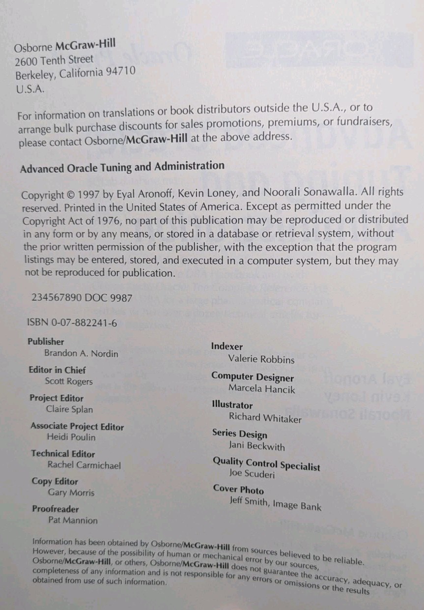 Advanced Oracle Tuning & Administration Book + CD Osborne McGraw-Hill 1997