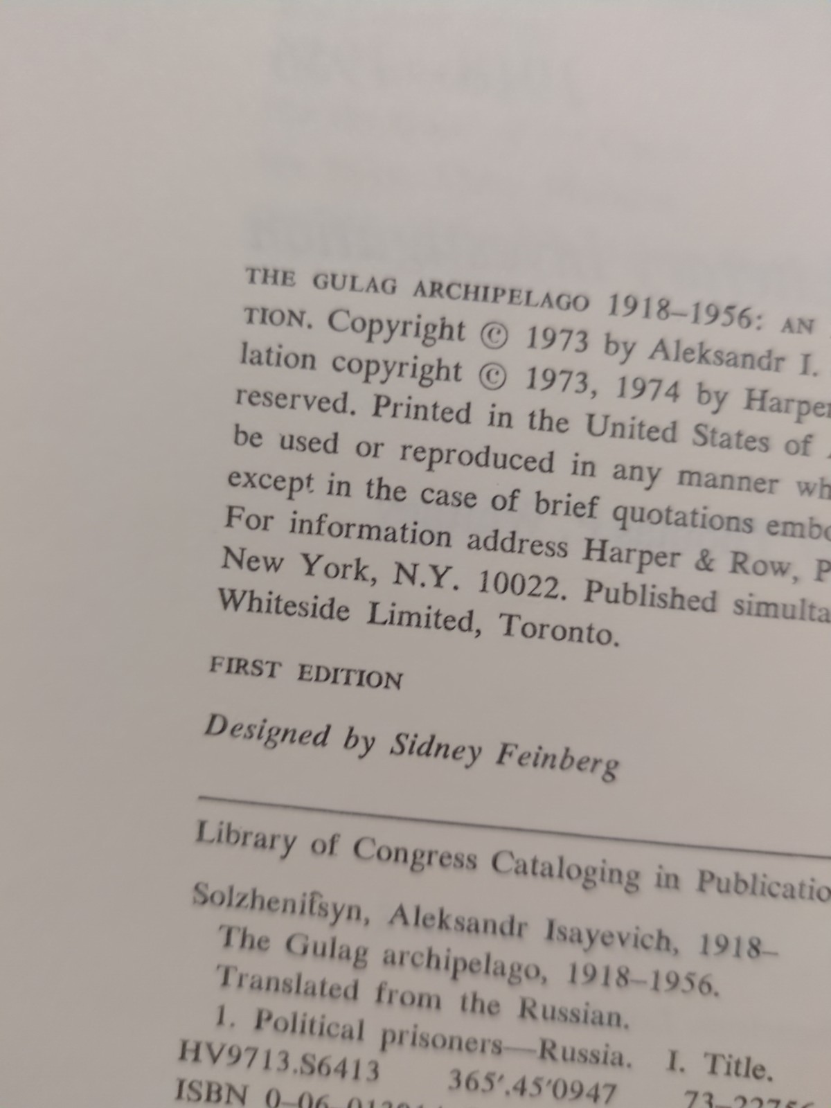 Gulag Archipelago 1918-1956 An Experiment in Literary Investigation 1st Edition