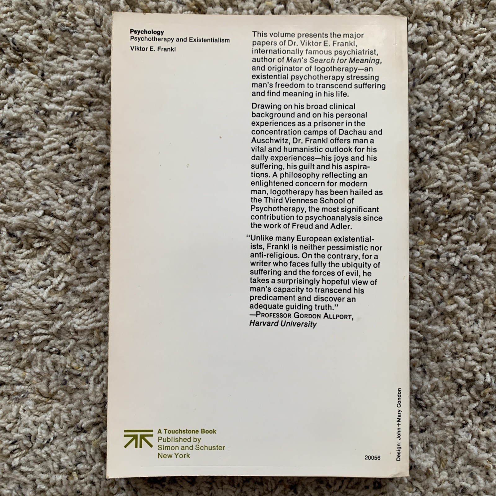 Psychotherapy and Existentialism Viktor E Frankl 1967 Fourth Printing Paperback