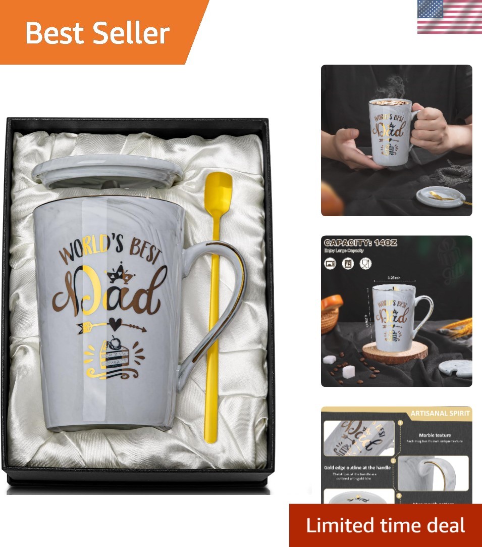 World’s Best Dad Funny Mug – 14oz Grey Marble Ceramic Gift Set for Father’s Day