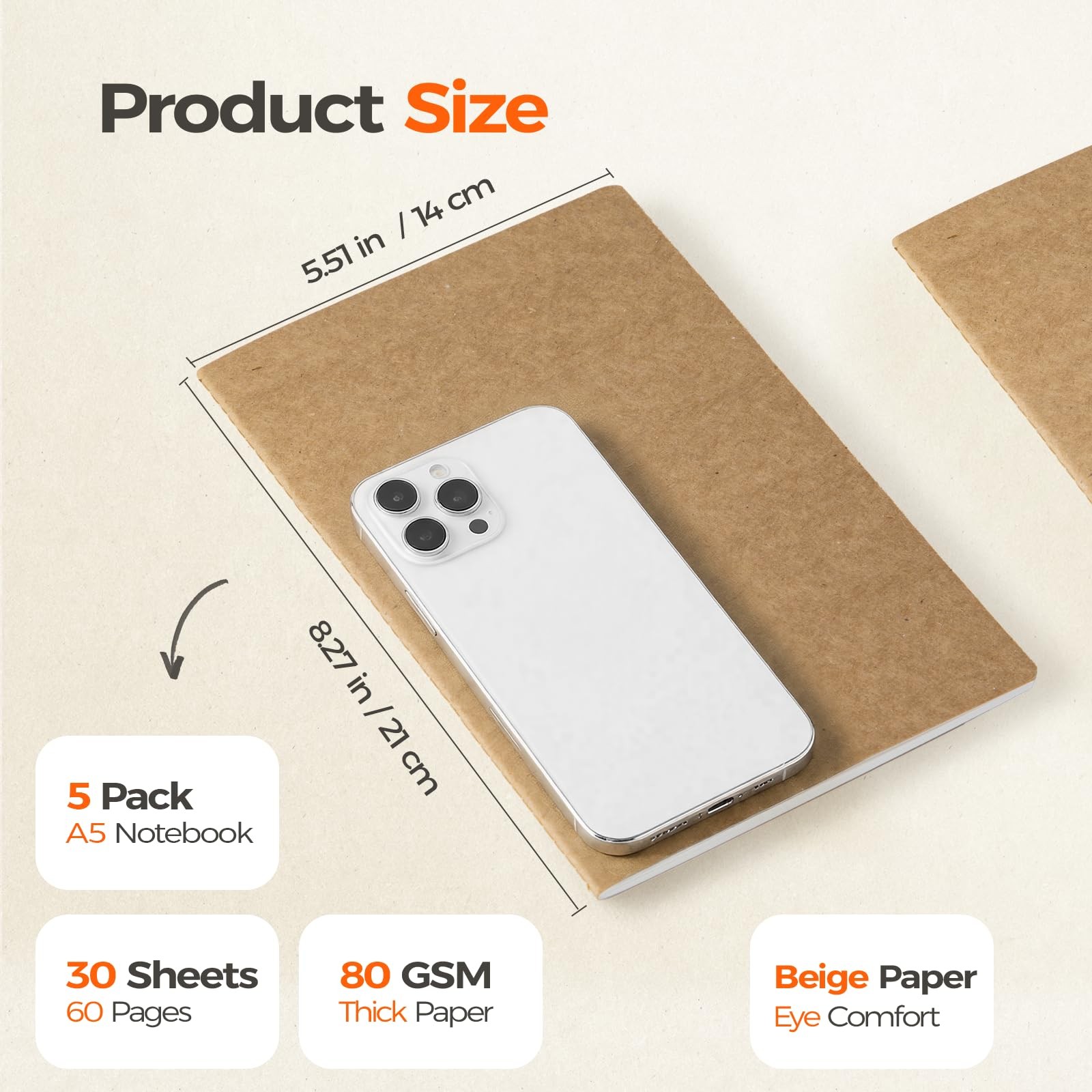 5 Pack Kraft A5 Notebooks Blank Journals 60 Pages Smooth Writing Softcover