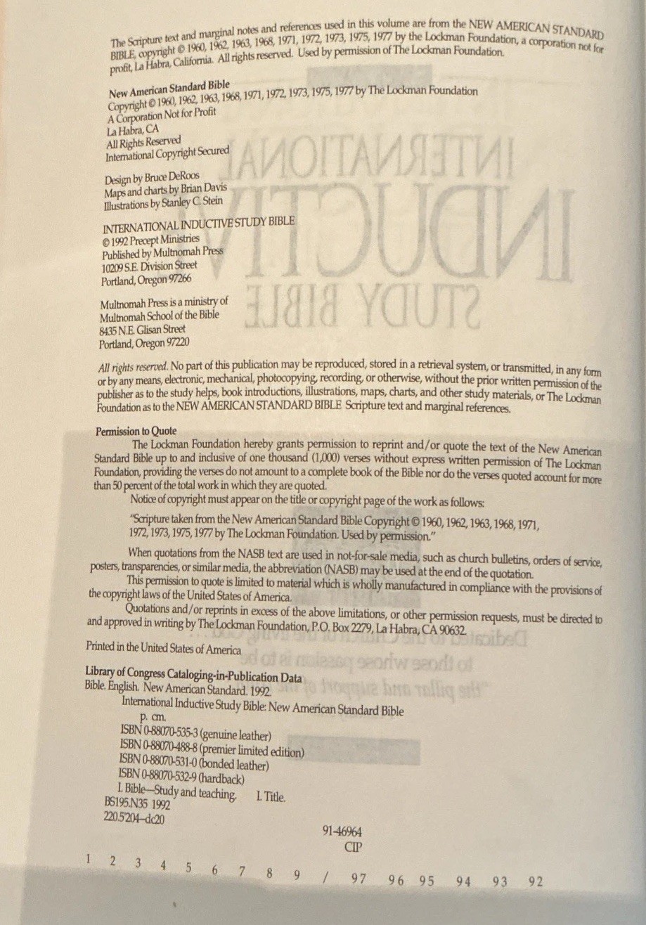 International Inductive Study Bible 1992 New American Standard HC