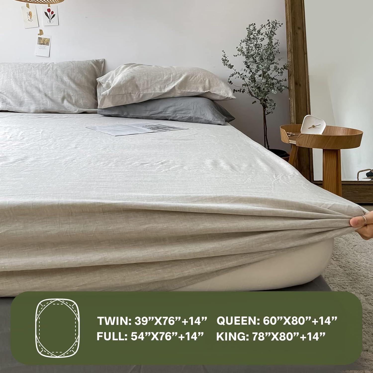 100% Linen Fitted Sheet King, 14 Inch Deep Pocket Mattress