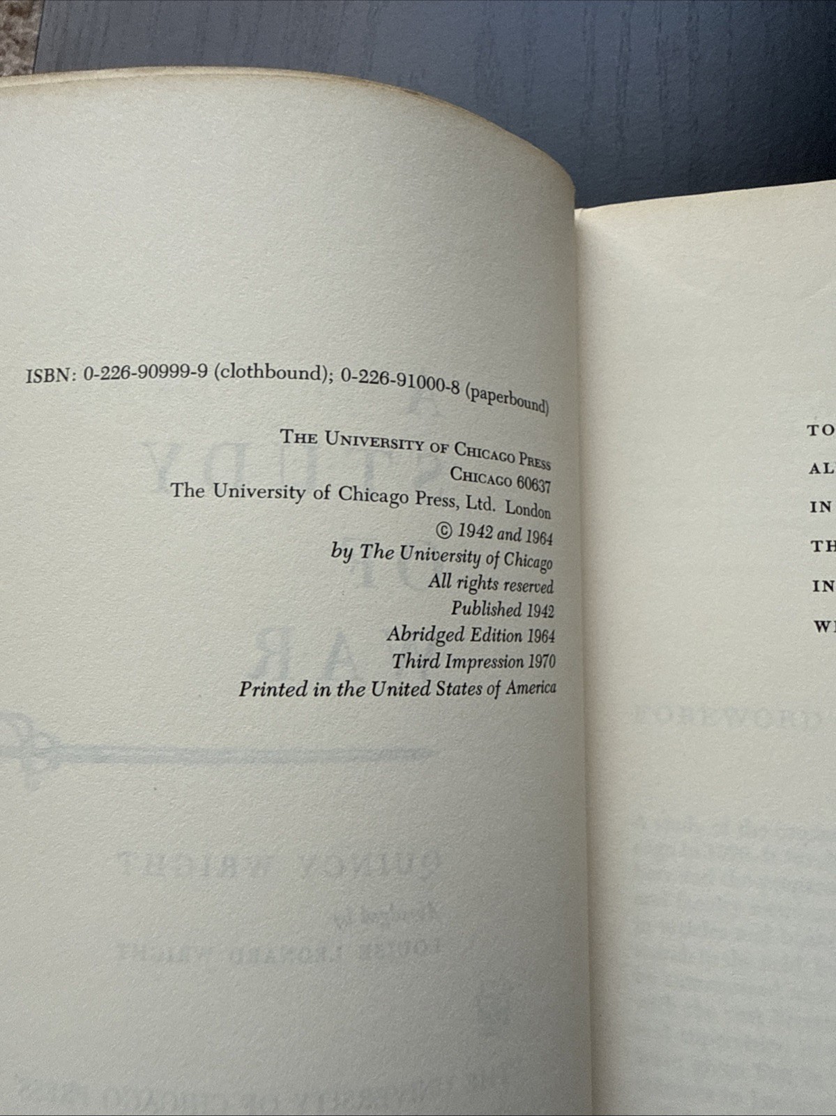 A Study of War (1970) by Quincy Wright PB Abridged Ed. G+