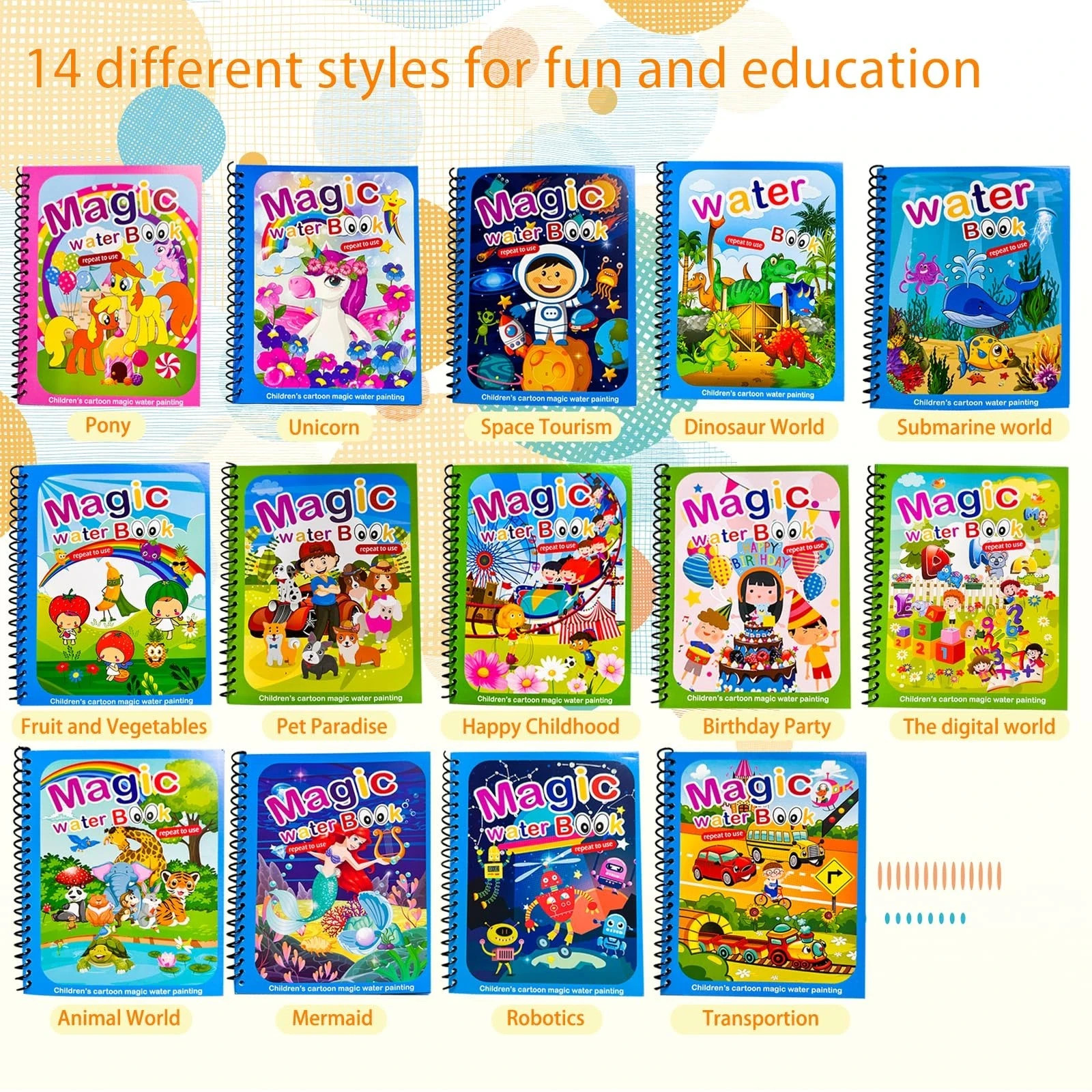 14 Pack Water Coloring Books,Water Doodle Book Toys,Reusable Water Painting Book