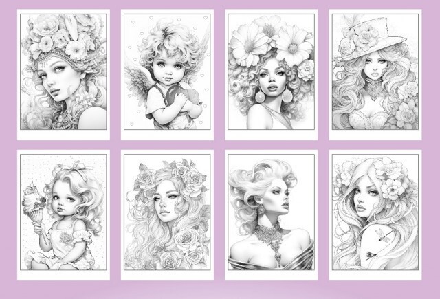 Set of 4 original coloring books Girl Portrait Flower Paper Edition For Adults