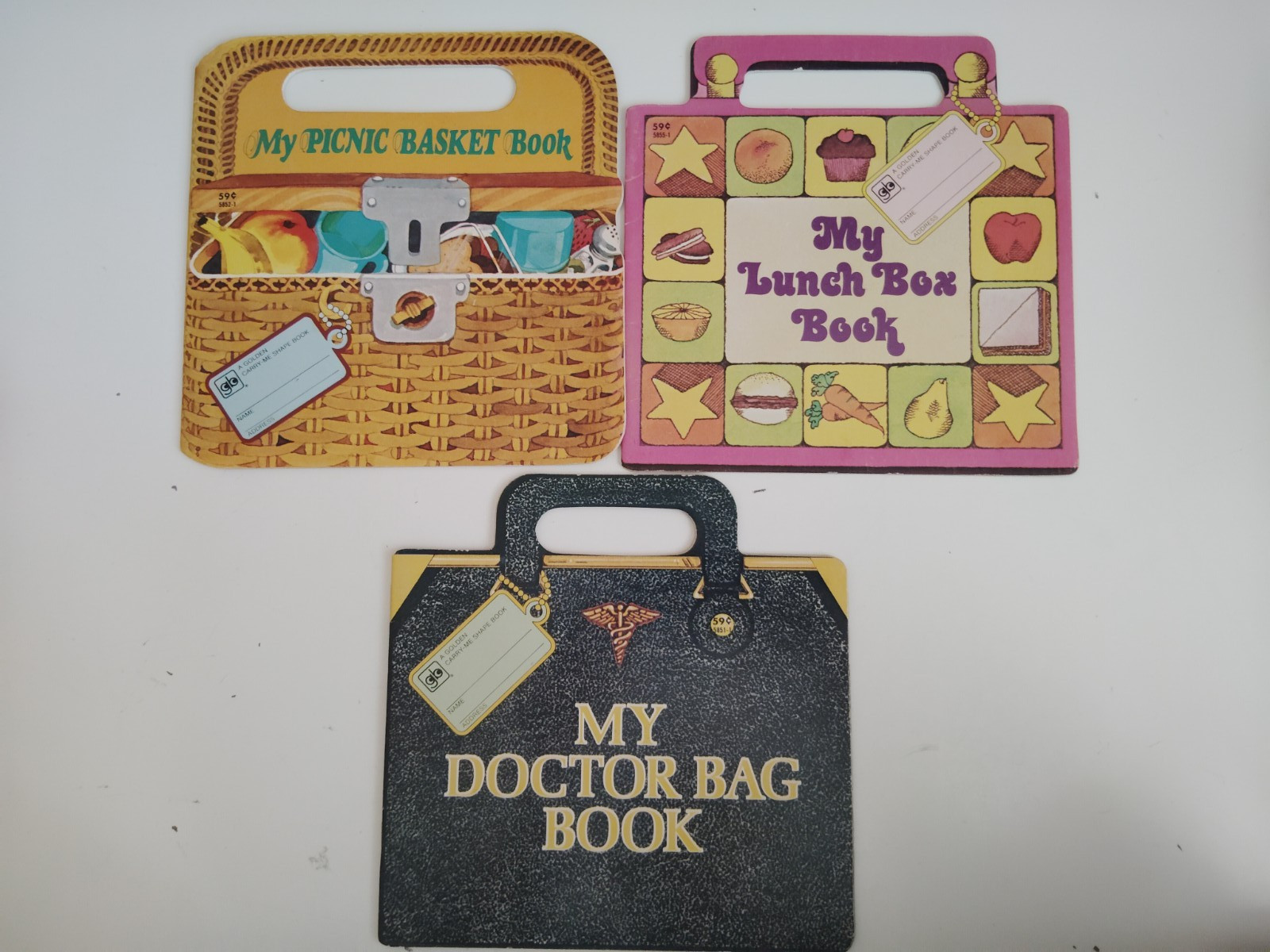 Lot 3 A Golden Carry-Me Shape Books Picnic Basket Lunch Box Doctor Bag Vintage