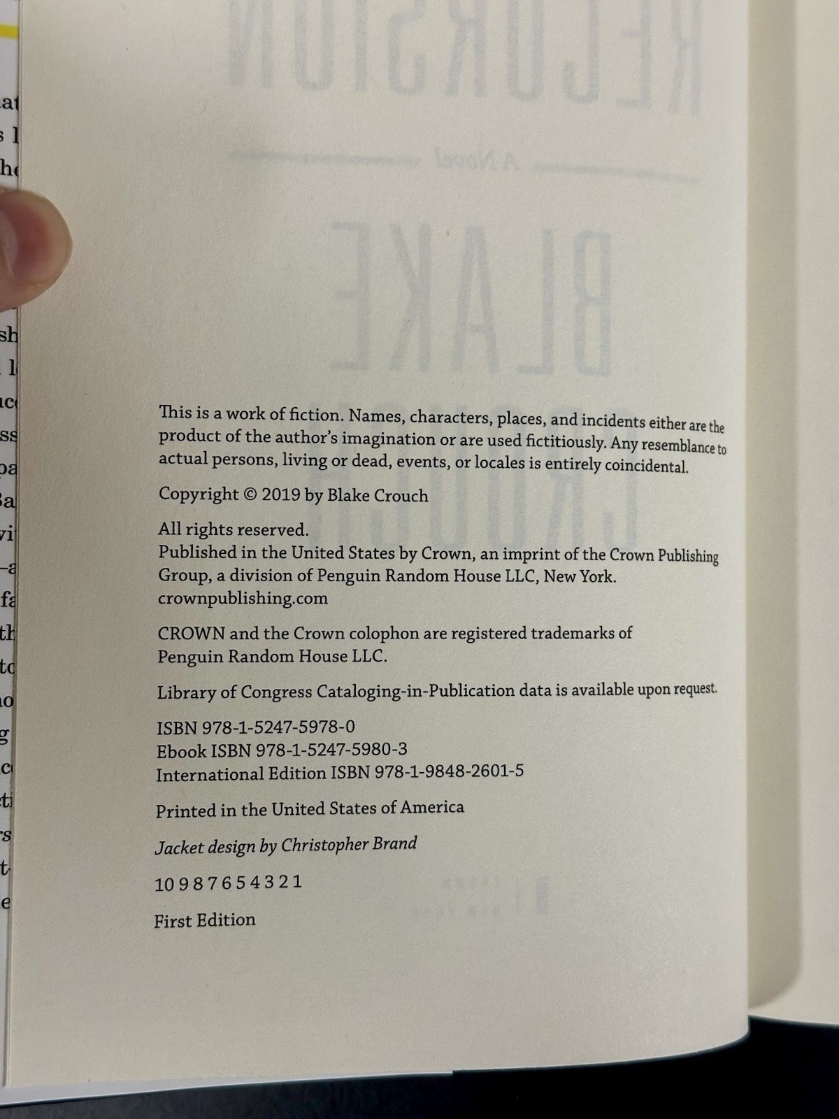 Recursion ~ Blake Crouch First Edition / 1st Print (2019 Hardcover) Very Good