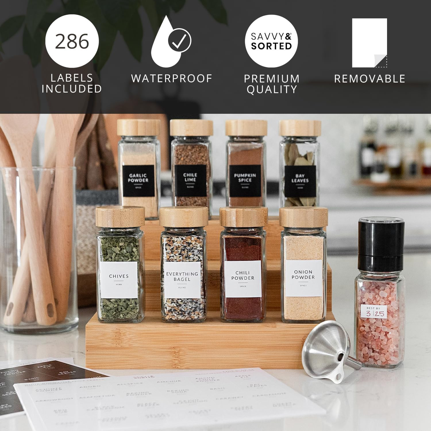 Glass Spice Jars with Label, 24PK Bamboo Jar Spices Set 4Oz, 374 Spice Labels, P
