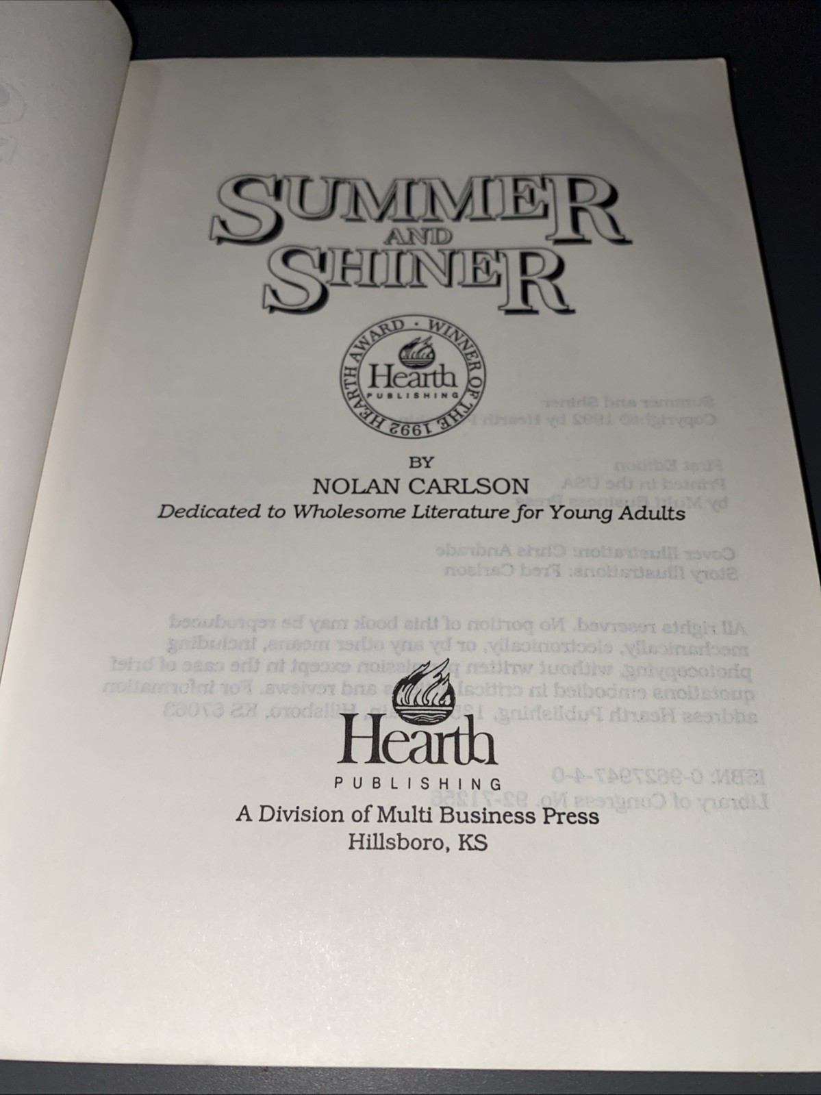 Summer and Shiner 1992 1st Edition Nolan Carlson SIGNED by author paperback good