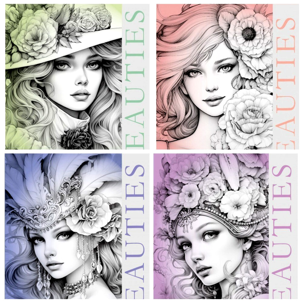 Set of 4 original coloring books Girl Portrait Flower Paper Edition For Adults