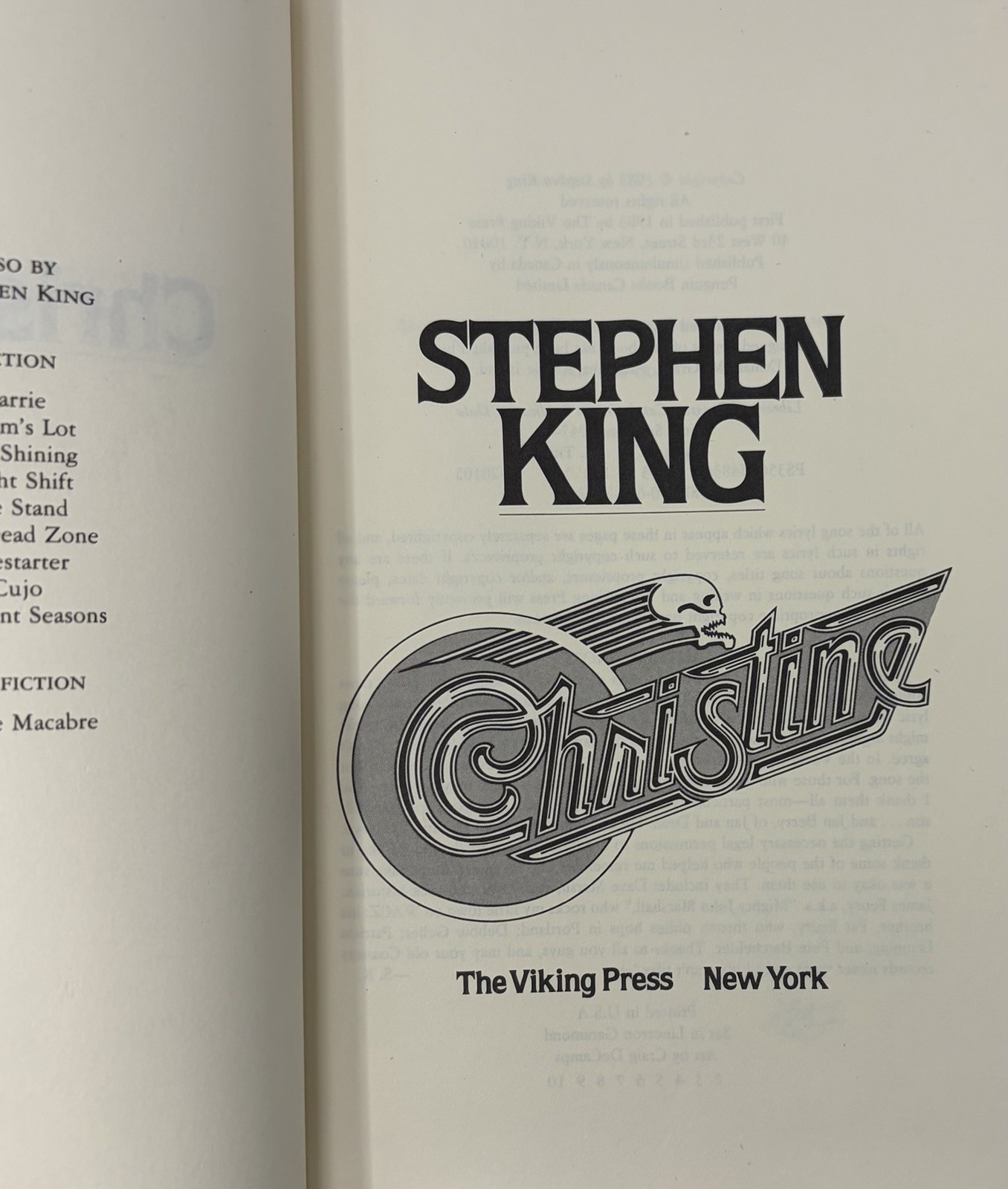 Christine by Stephen King 1983 First Edition, Second Printing Hardcover Book