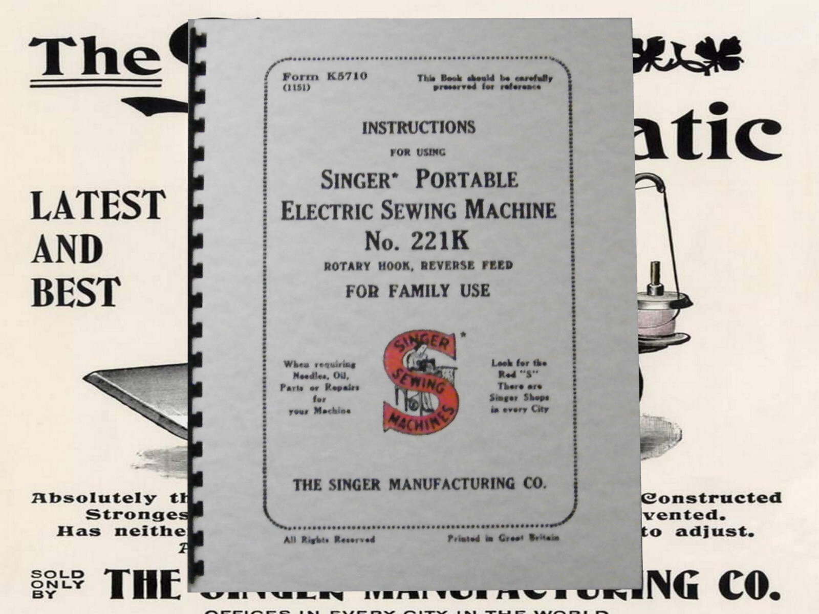 Singer Portable Sewing Machine 221K Instruction Manual “1951” (55 Page)
