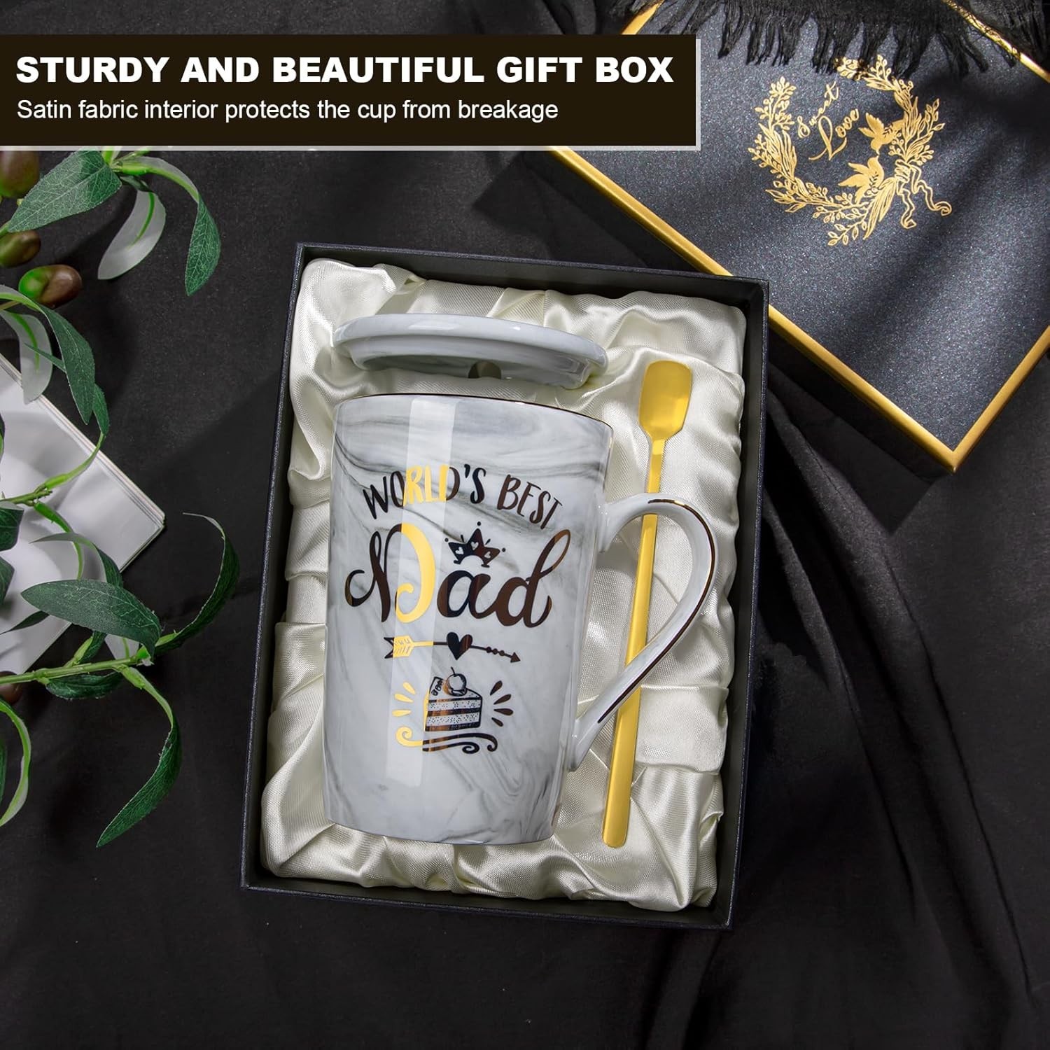 World’s Best Dad Funny Mug – 14oz Grey Marble Ceramic Gift Set for Father’s Day