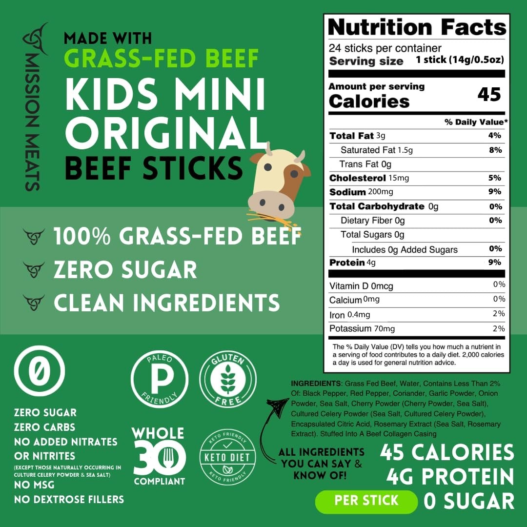 Nutritious Kids Beef Sticks – 24ct Grass Fed, No Added Sugar, Allergen Friendly