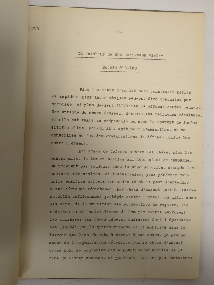 La Carabine de 2cm Anti-Tank “Solo”, Modele S 18 – 100. Fabrique d’Armes Soleure