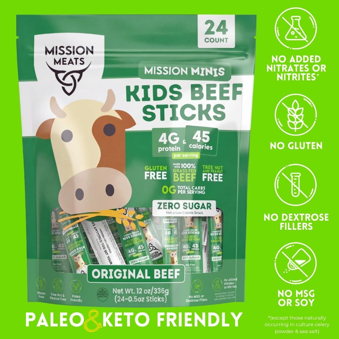 Nutritious Kids Beef Sticks – 24ct Grass Fed, No Added Sugar, Allergen Friendly