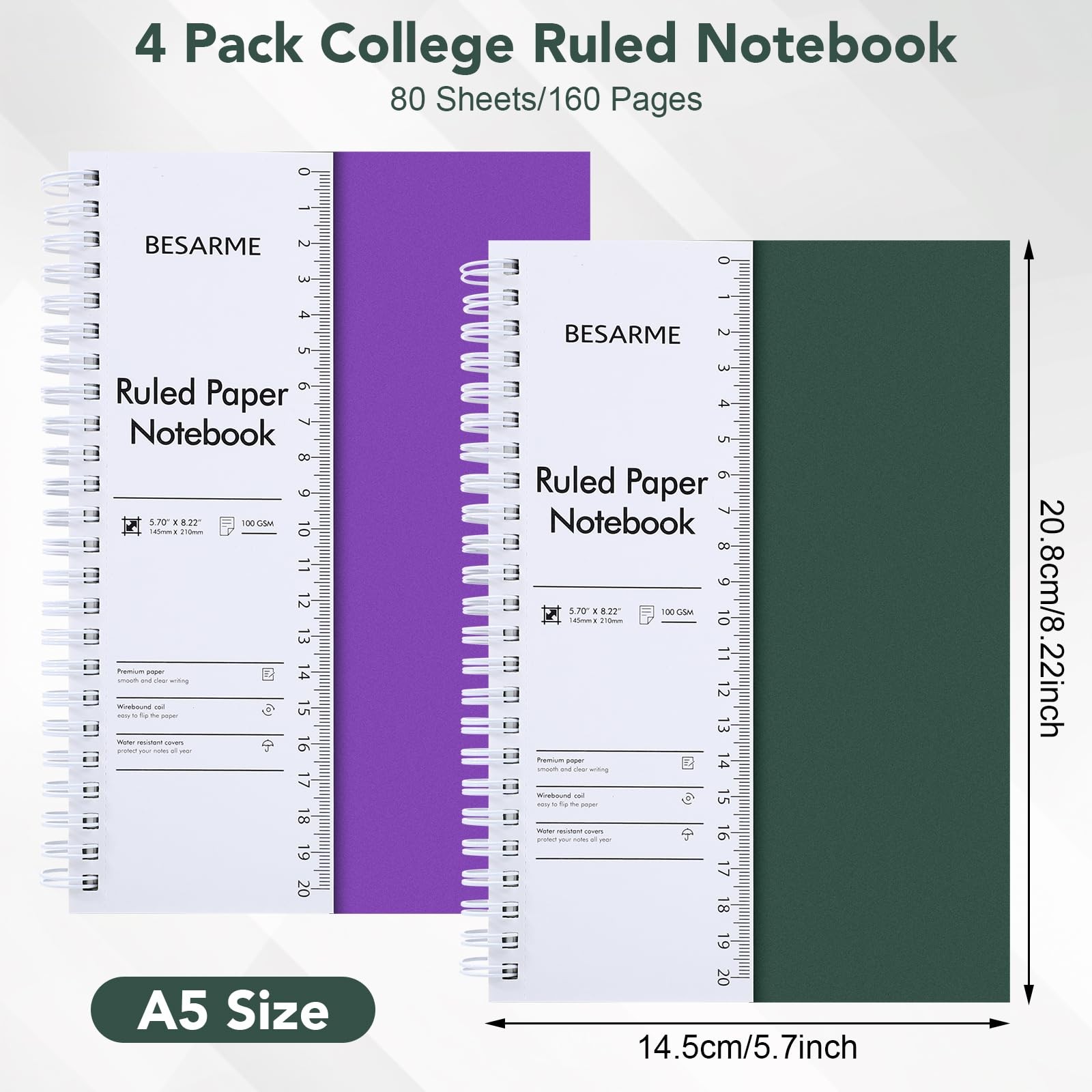 4 Pack A5 College Ruled Spiral Notebooks, 5.7 x 8.22 In, 100GSM