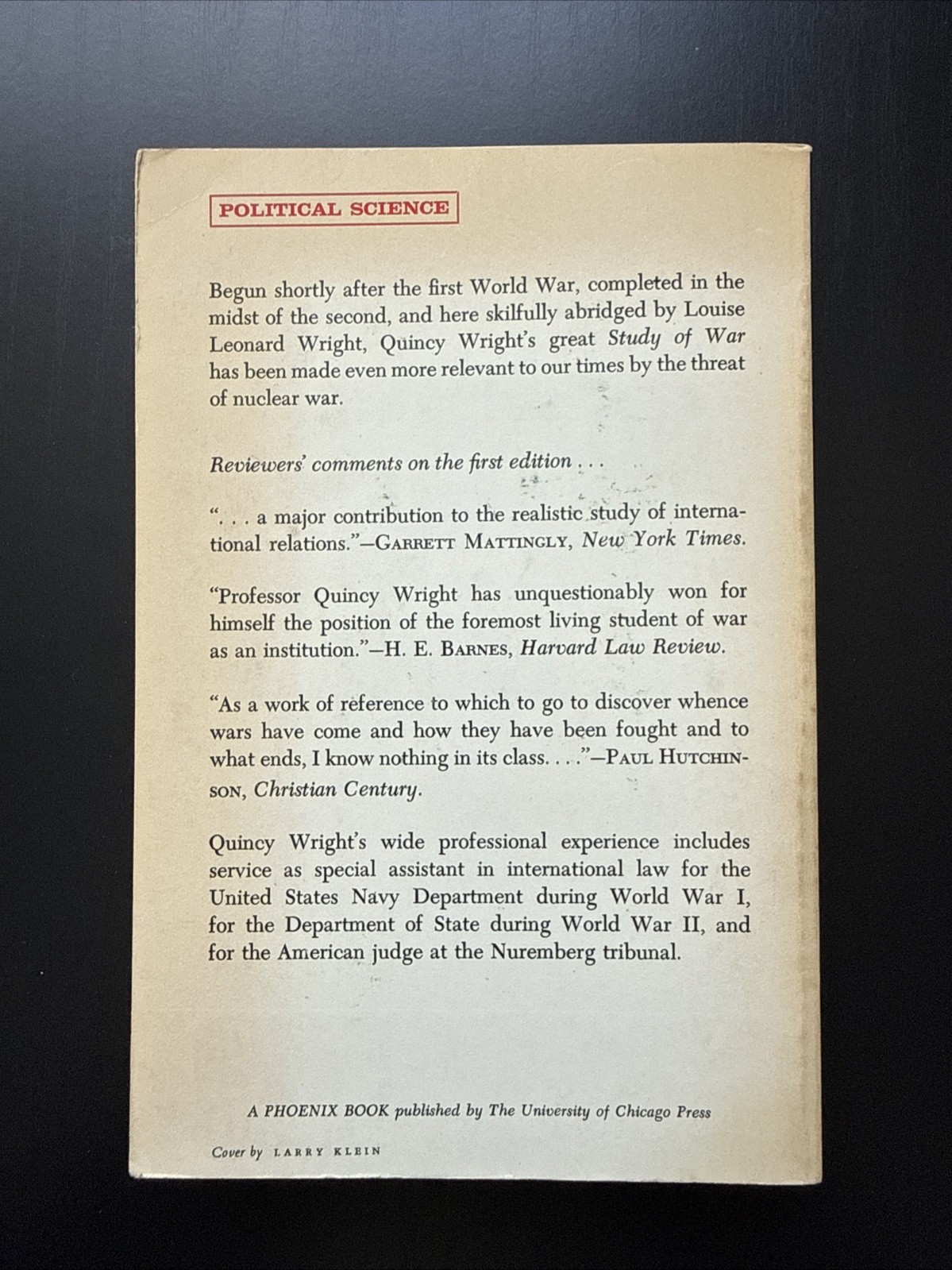 A Study of War (1970) by Quincy Wright PB Abridged Ed. G+