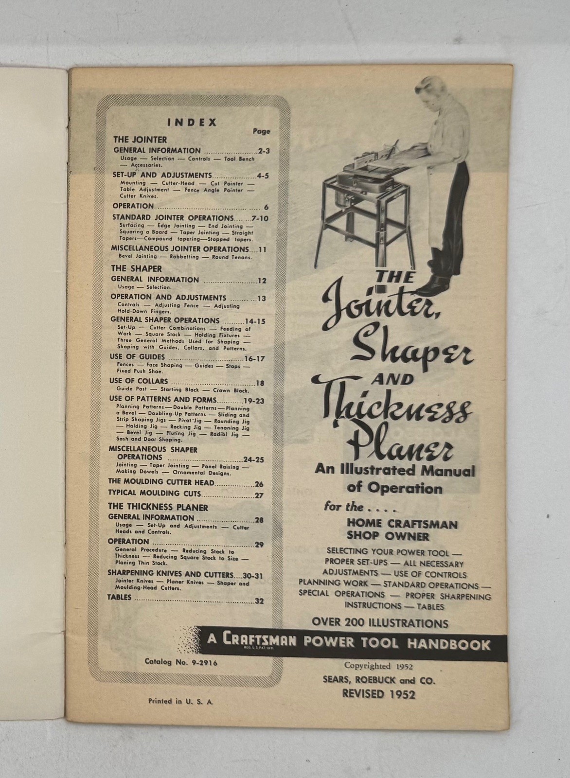1954 Craftsman Jointer Shaper Thickness Planer Handbook 9-2916
