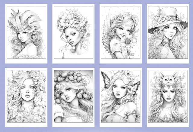 Set of 4 original coloring books Girl Portrait Flower Paper Edition For Adults