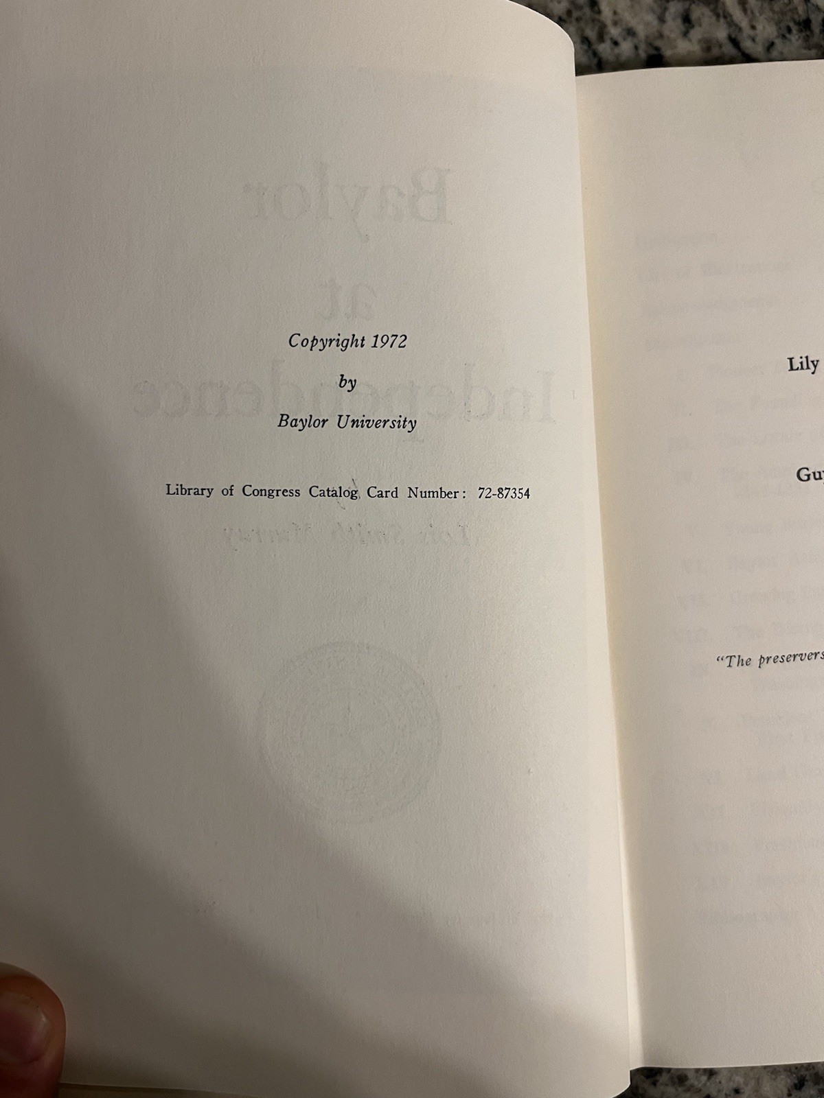 SIGNED Baylor At independence Hardback, Lois Smith Murray 1972