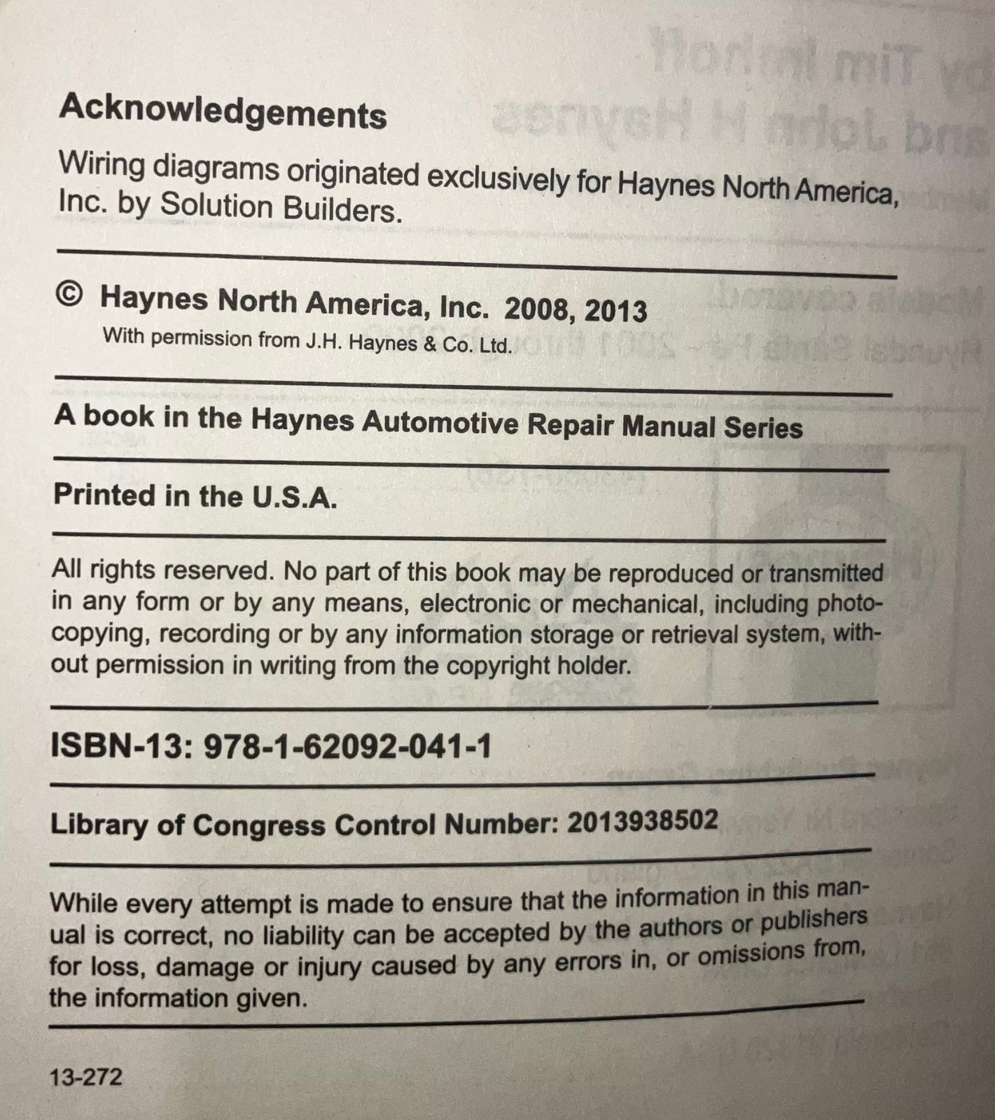 Haynes Repair Manual Hyundai Santa Fe 2001-2009 All Models 43050