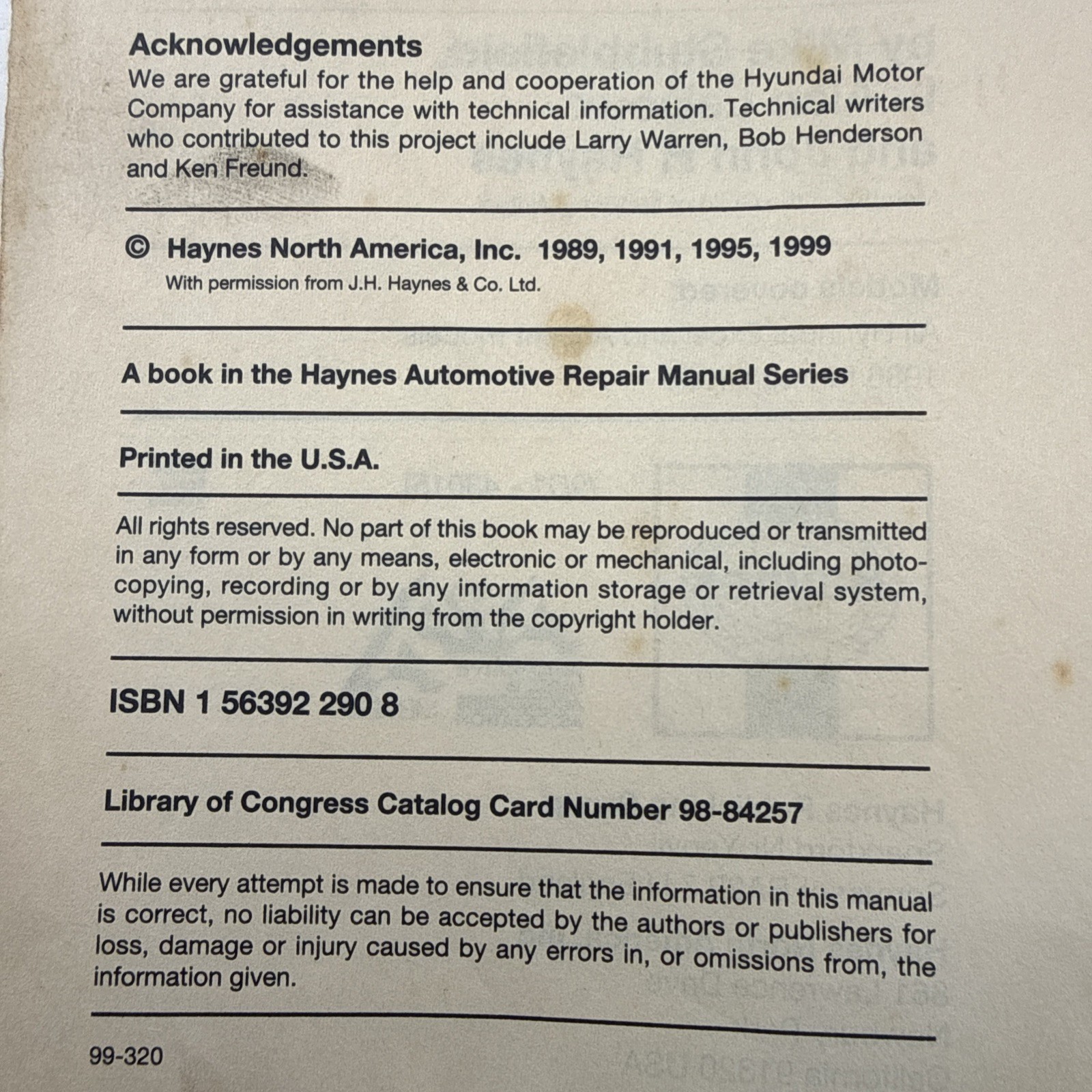 Hyundai Excel & Accent Haynes Repair Manual 1986–1998 All Models Paperback