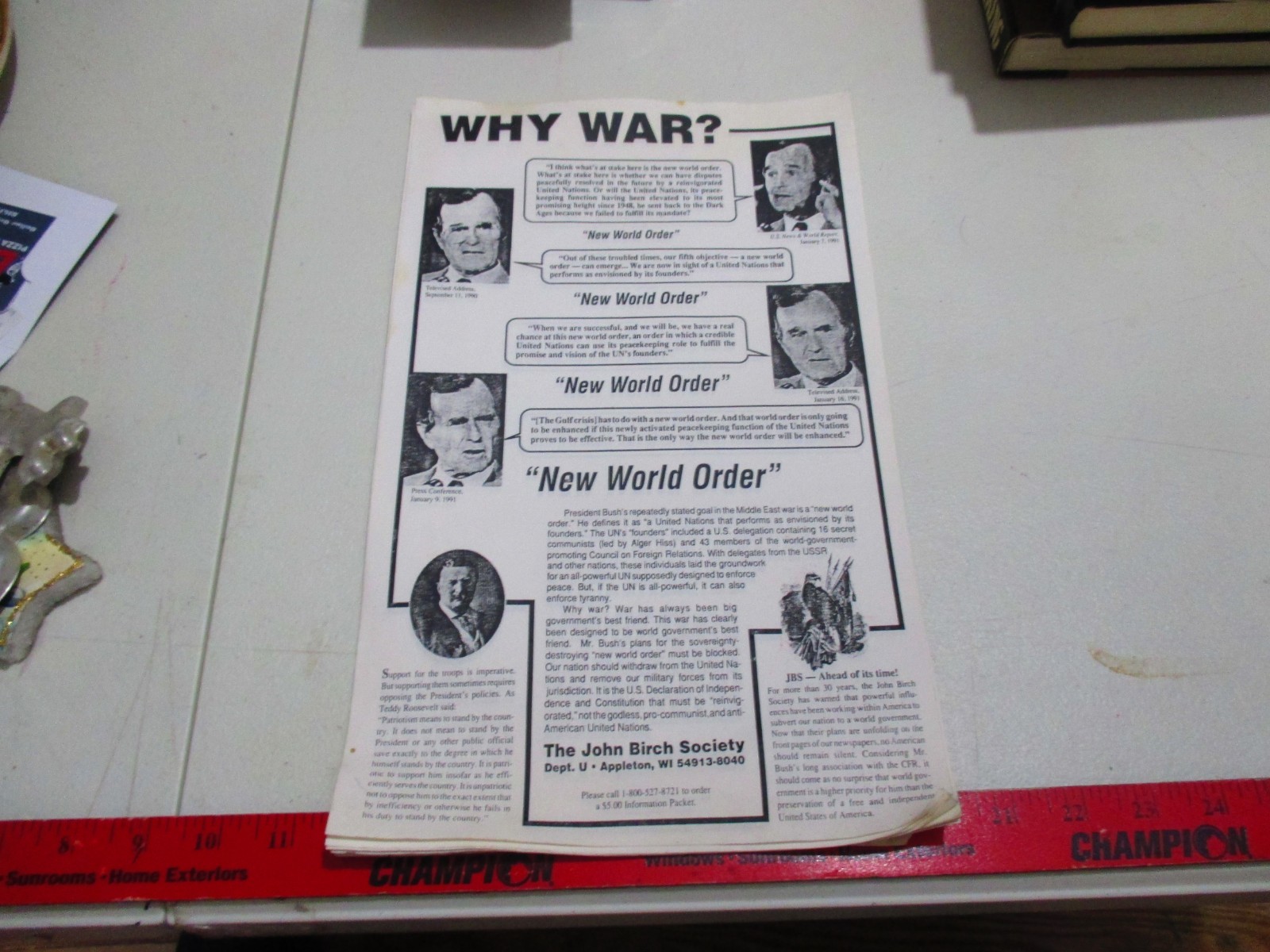 Vintage New World Order Flyer, John Birch Society, George Bush, Globalists