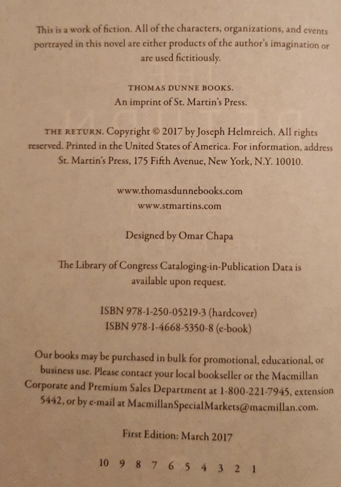 The Return~Joseph Helmreich~248 pages~2017~Hardcover~Dust Jacket~Like New